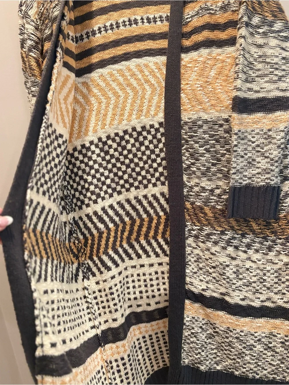 Marled Striped Open-Front Cardigan in Mustard, Gray & Cream - Picture 6 of 7
